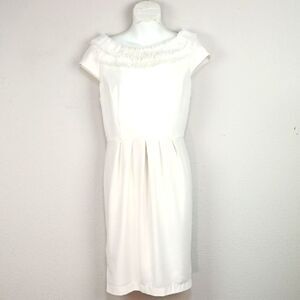SD Collection Women Elegant White Cap Sleeve Frayed Neckline Midi Dress sz 10